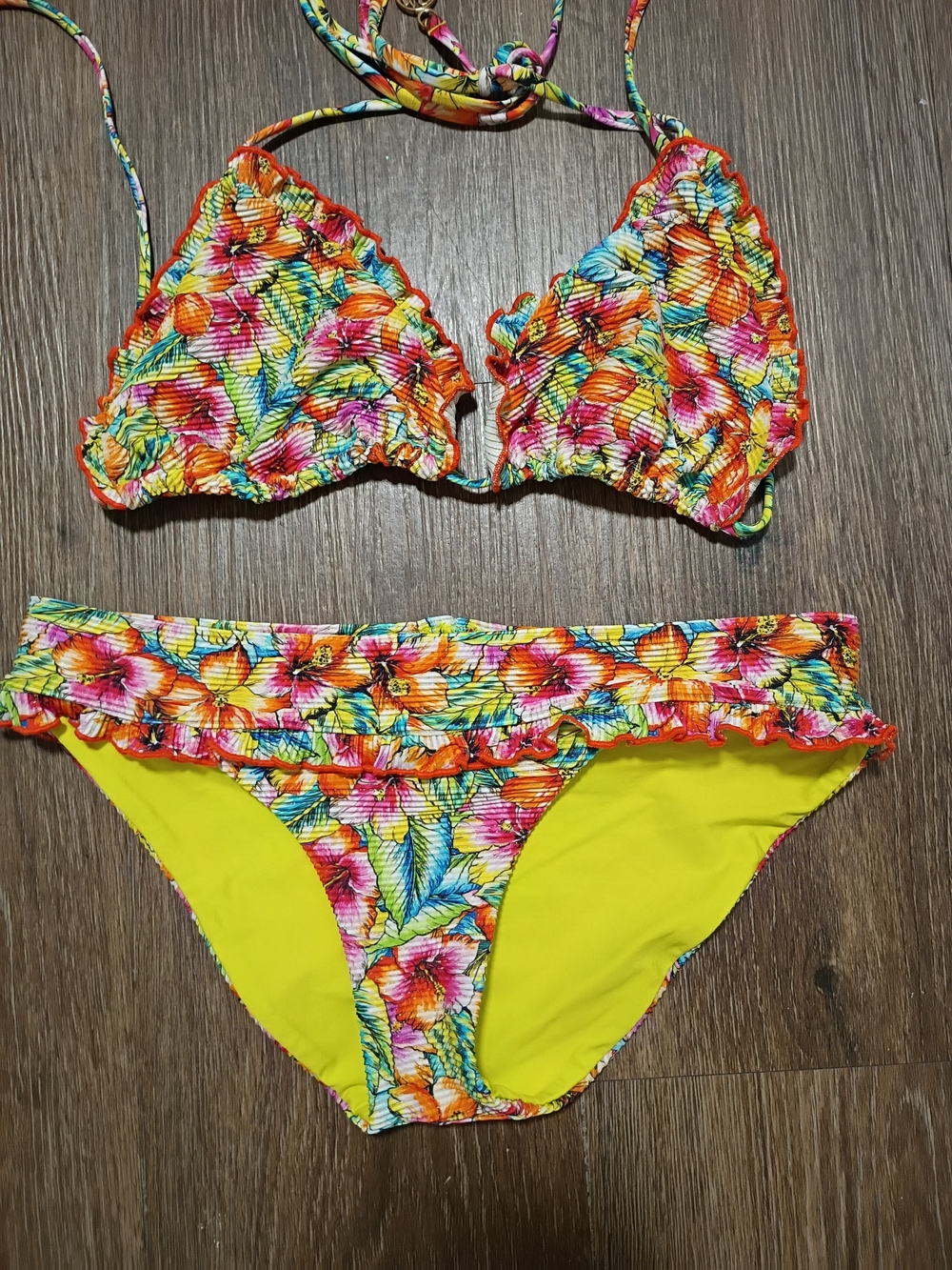 Luli Fama Floral Smocked Triangle Bikini - Yellow, Pink, Orange, Green